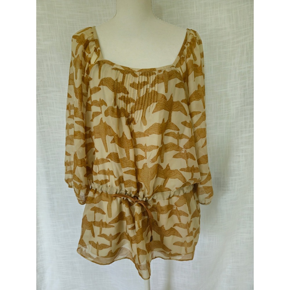 Tibi Bird Print Silk Blouse Women 6 Cream Brown Square Neck Peplum Boho Earthy